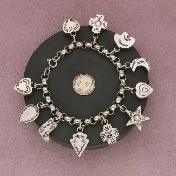 joan slifka sterling silver vintage southwest 11 multi-stone charm bracelet 7in - Picture 2 of 3